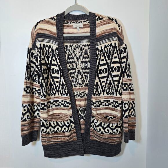 Lucky Brand Southwestern Aztec Knit Tan Brown Open Front Cardigan Size S Cotton - Picture 1 of 9